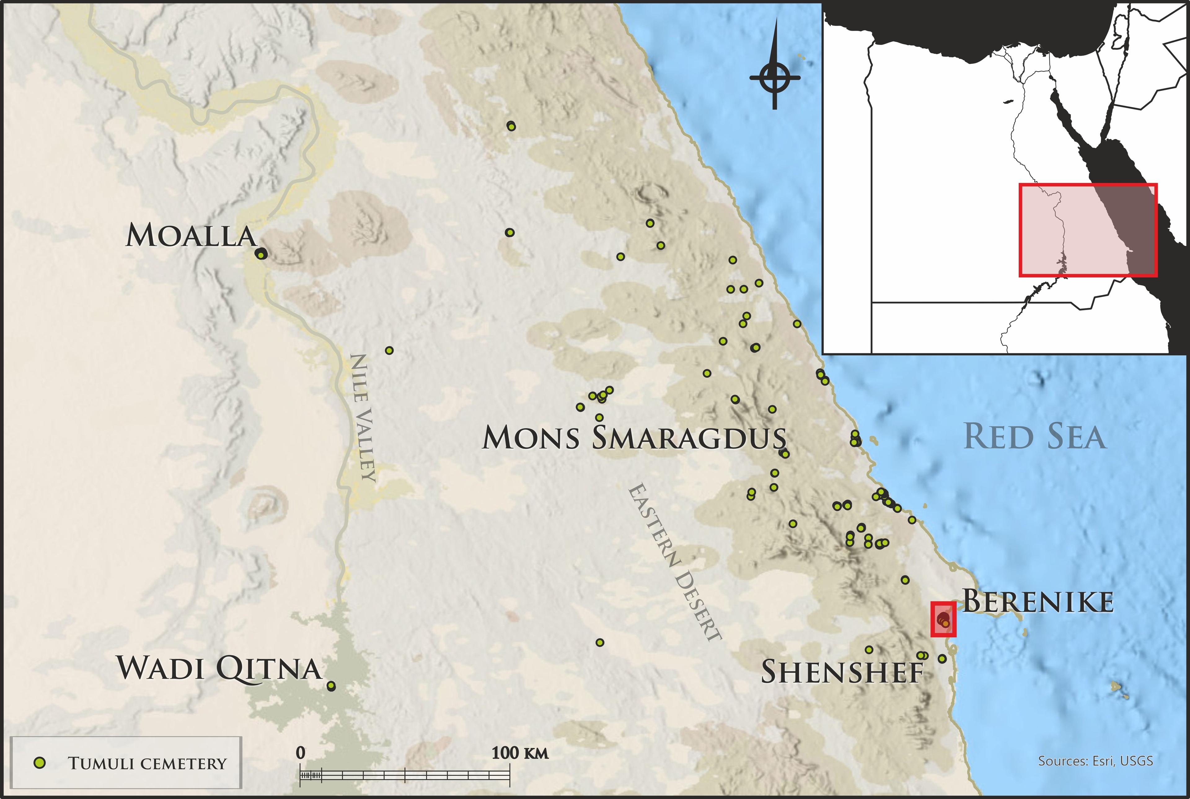 Map of tumulus cemeteries in south-eastern Egypt in the fourth to sixth centuries CE (base map: Esri, USGS, P. Lech and M. Gwiazda, courtesy of PCMA) (CC-BY4.0 License)
